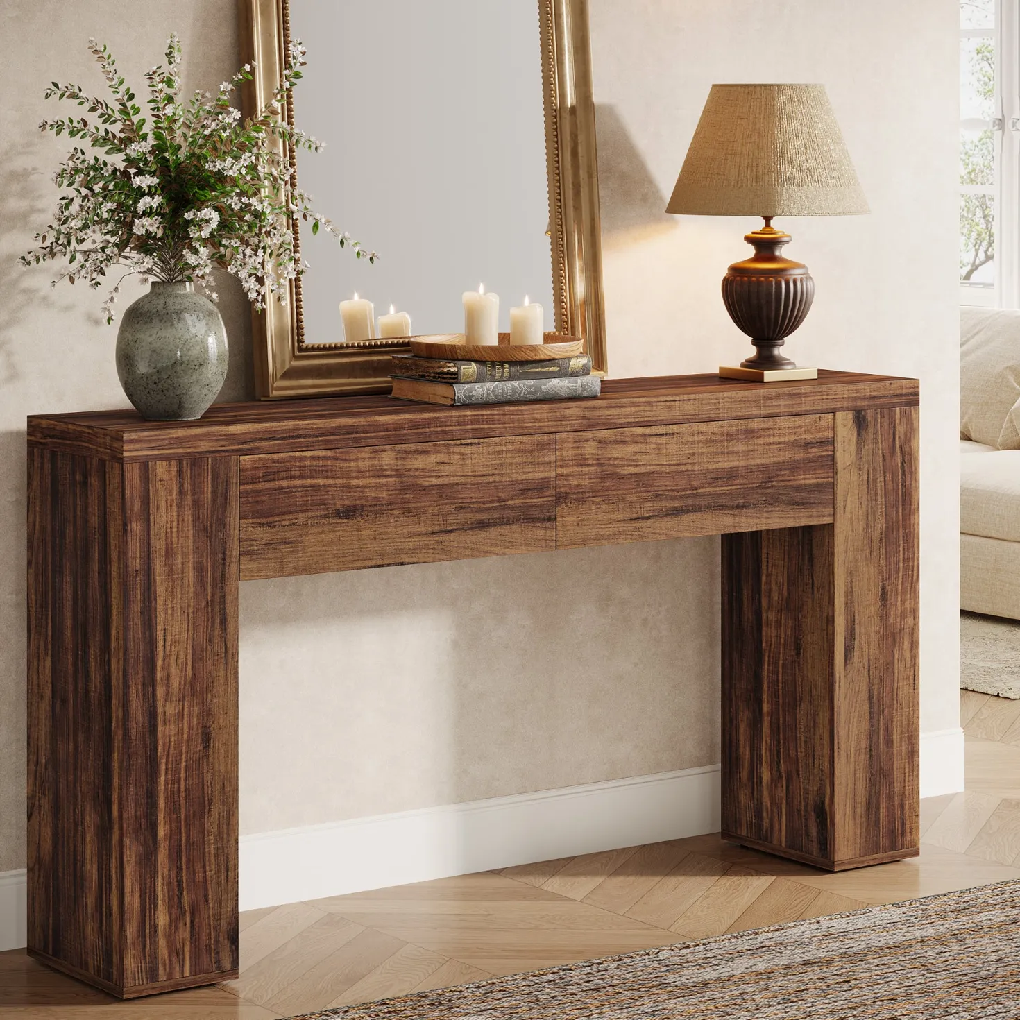 63" Console Table, Rustic Sofa Hallway Table with Drawers