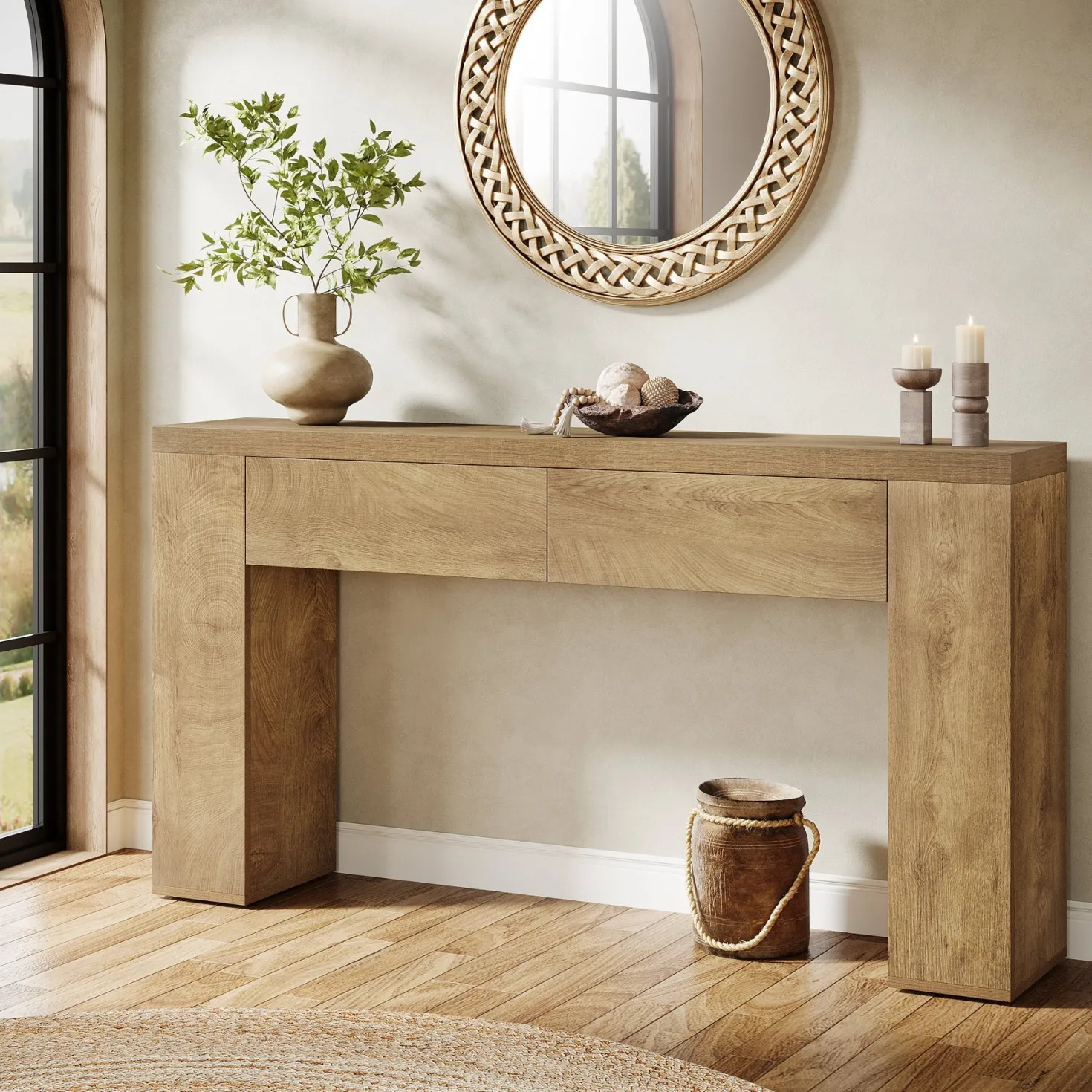 63" Console Table, Rustic Sofa Hallway Table with Drawers