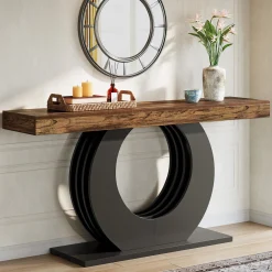63" Console Table, Rustic Sofa Table Entryway Table with Circle Base