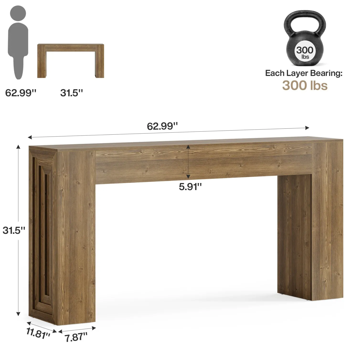 63" Console Table, Rustic Sofa Table Hallway Table with Stable Legs