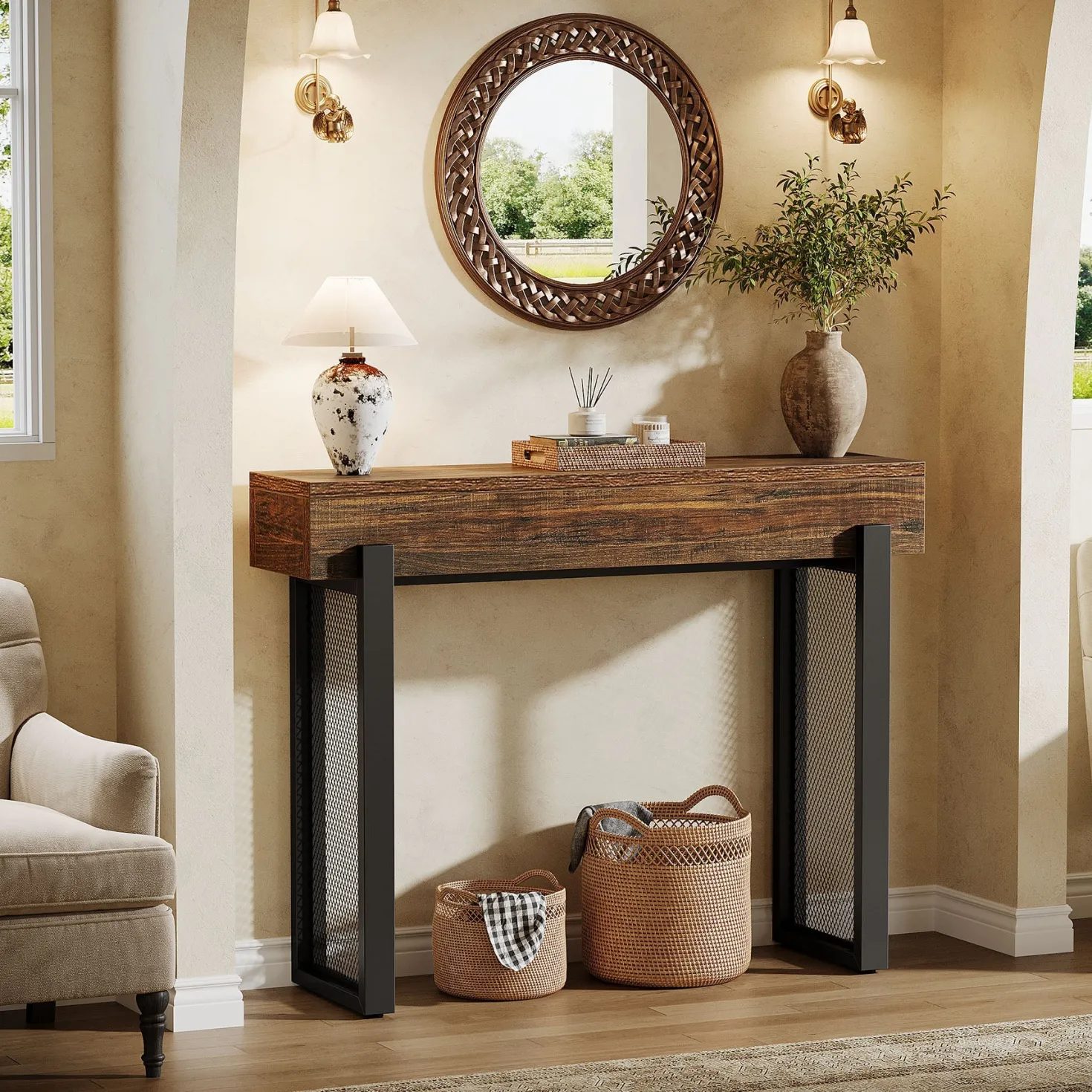 41" Console Table, Small Sofa Entryway Table with Storage and Mesh Metal Legs