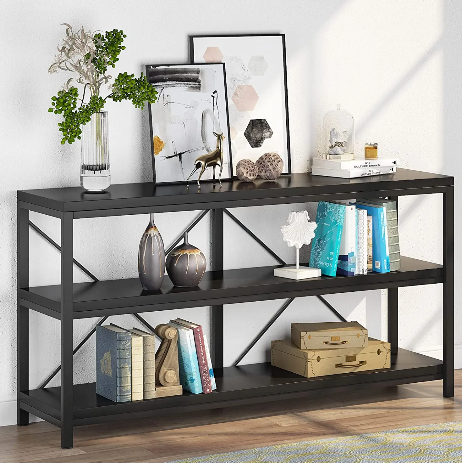 55" Console Table, Sofa Table TV Stand with 3-Tier Storage Shelves
