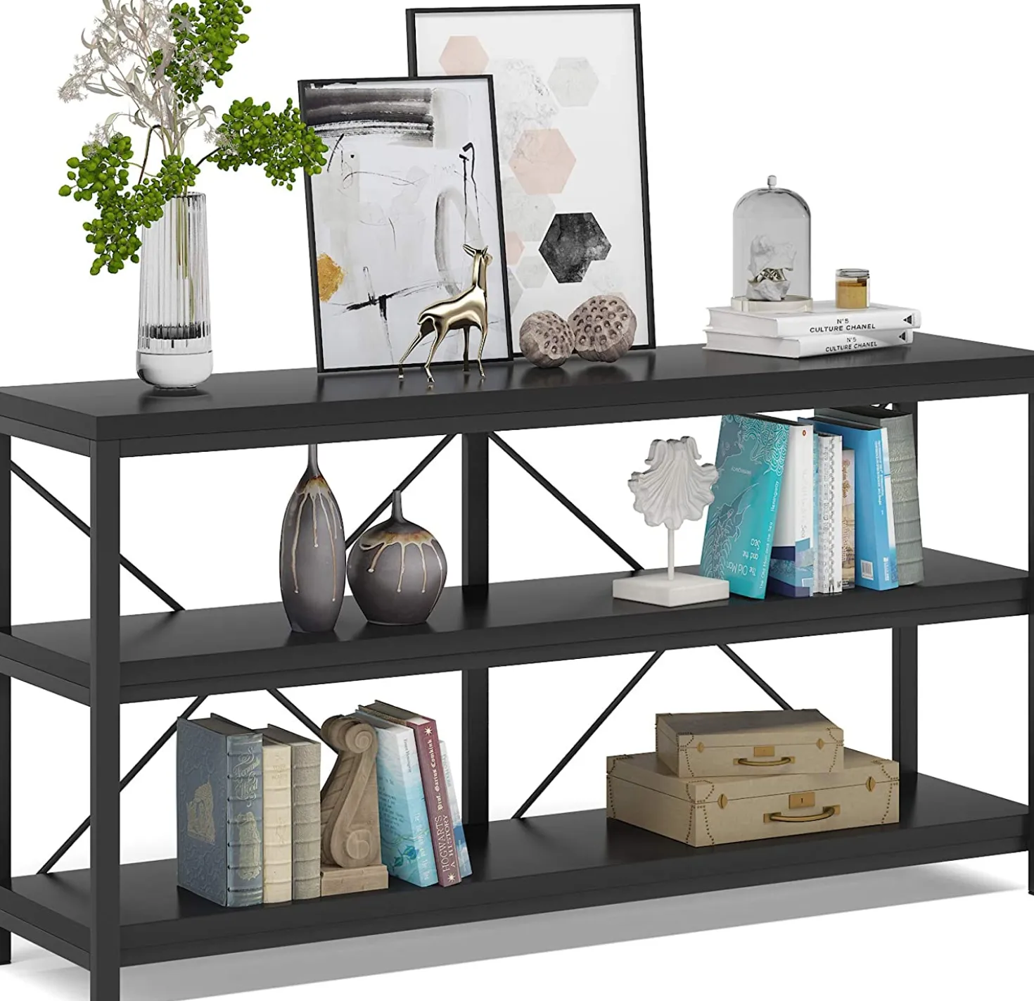 55" Console Table, Sofa Table TV Stand with 3-Tier Storage Shelves