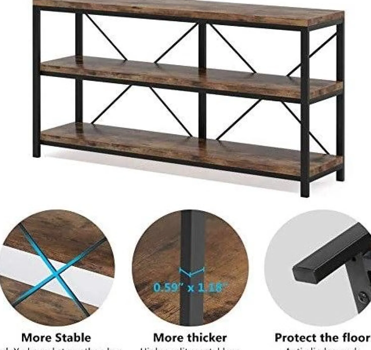 55" Console Table, Sofa Table TV Stand with 3-Tier Storage Shelves