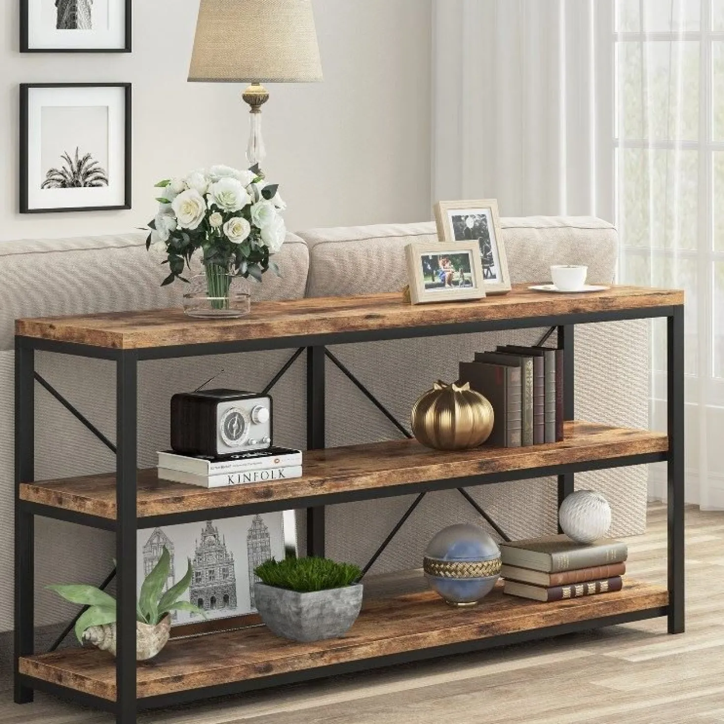 55" Console Table, Sofa Table TV Stand with 3-Tier Storage Shelves
