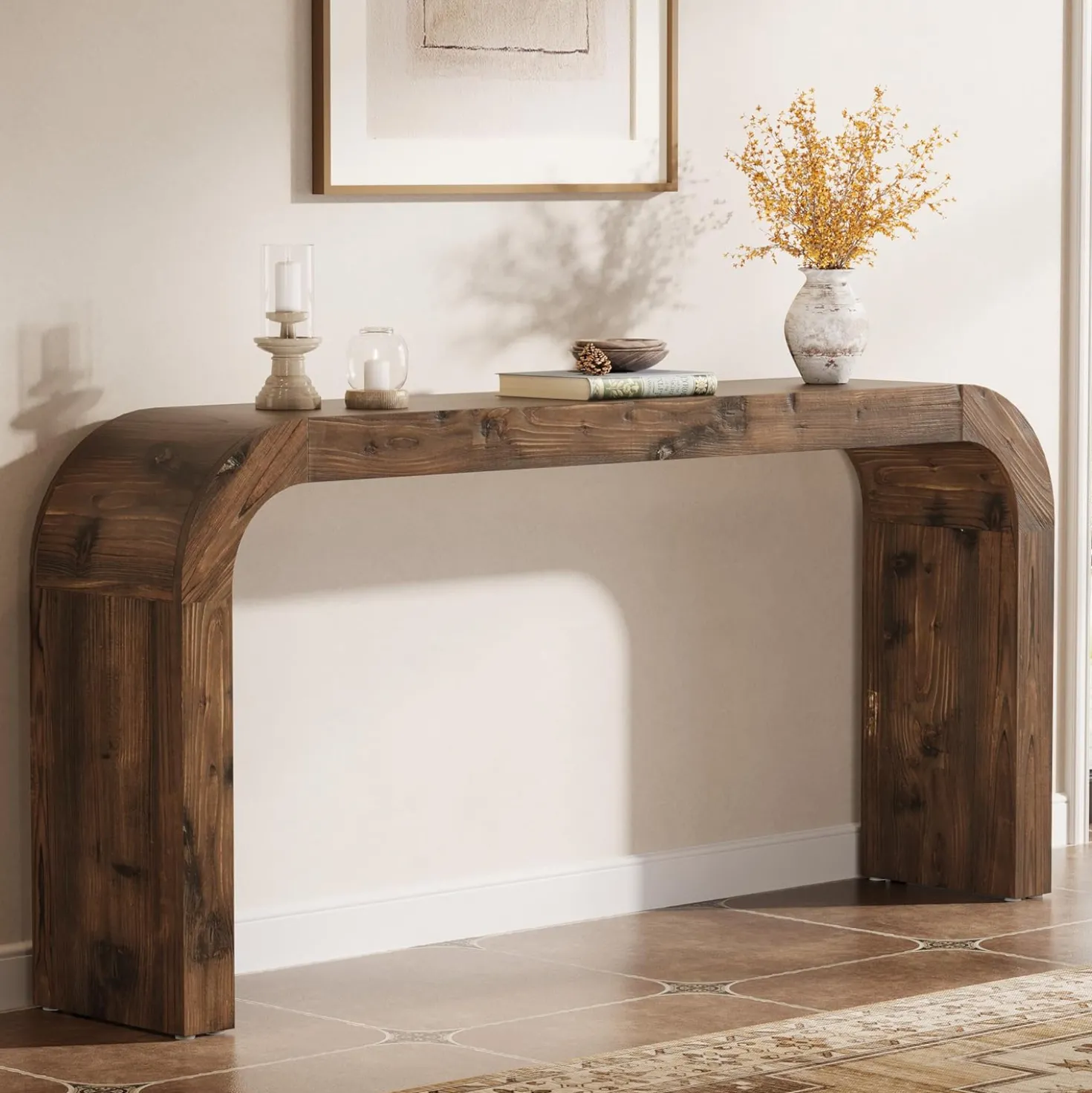 70.8" Console Table, Solid Wood Sofa Table with Curved Corners