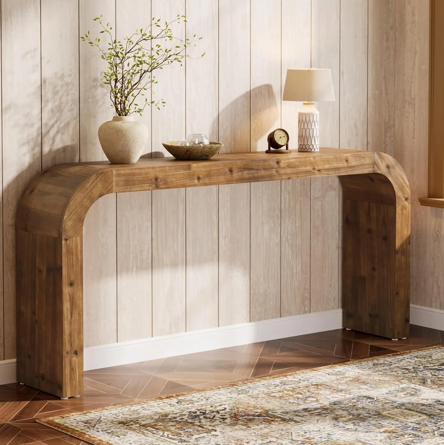70.8" Console Table, Solid Wood Sofa Table with Curved Corners