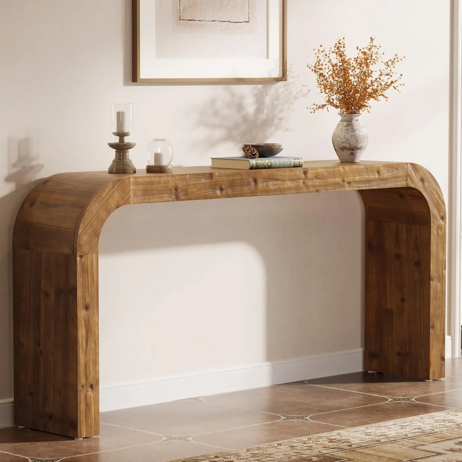 70.8" Console Table, Solid Wood Sofa Table with Curved Corners