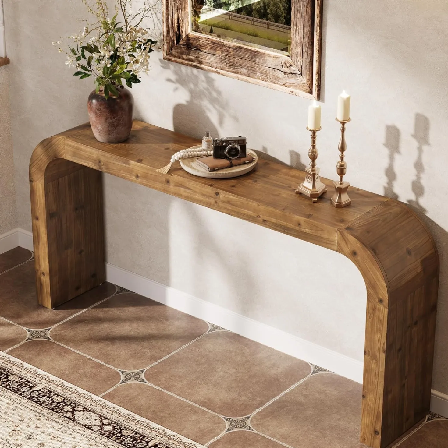 70.8" Console Table, Solid Wood Sofa Table with Curved Corners