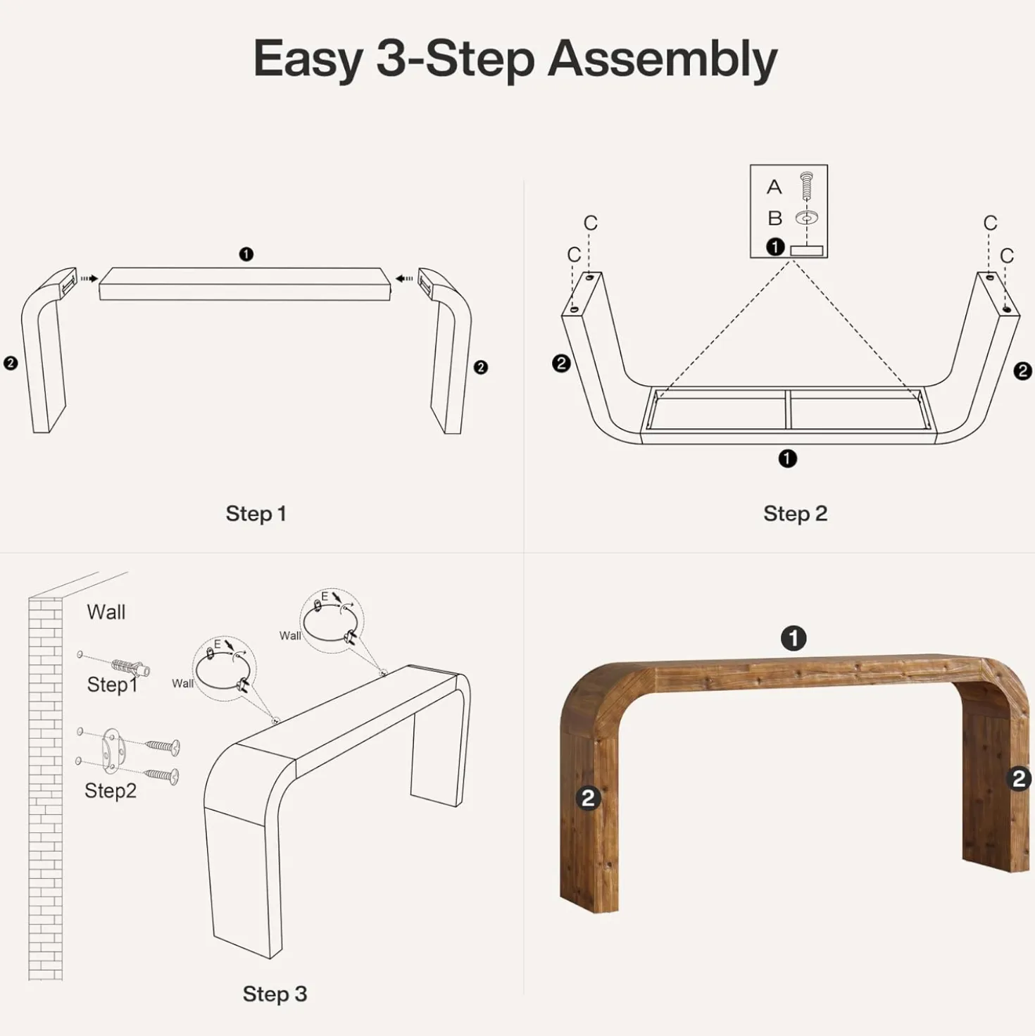70.8" Console Table, Solid Wood Sofa Table with Curved Corners