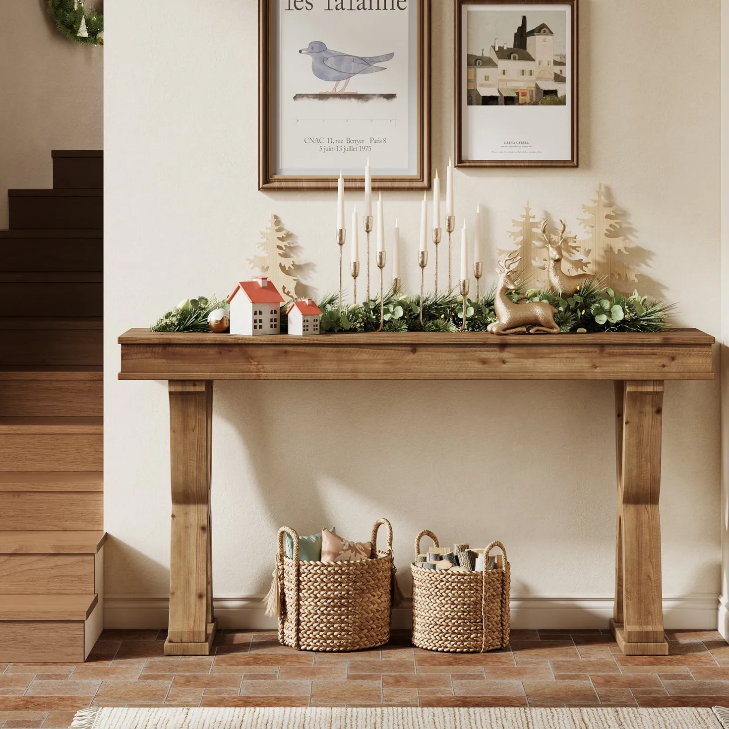 63" Console Table, Solid Wood Sofa Console Entryway Table with X-Shaped Legs