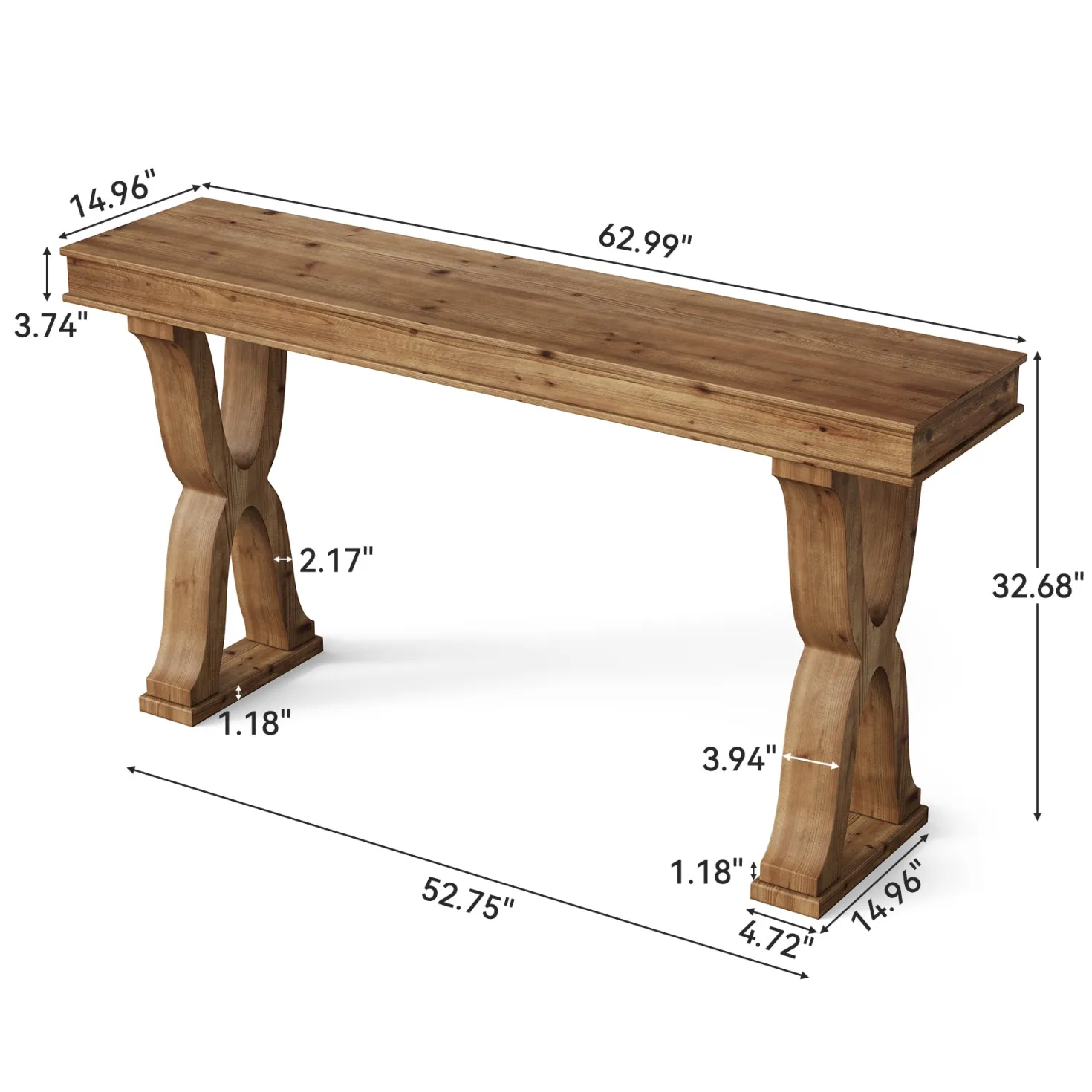 63" Console Table, Solid Wood Sofa Console Entryway Table with X-Shaped Legs