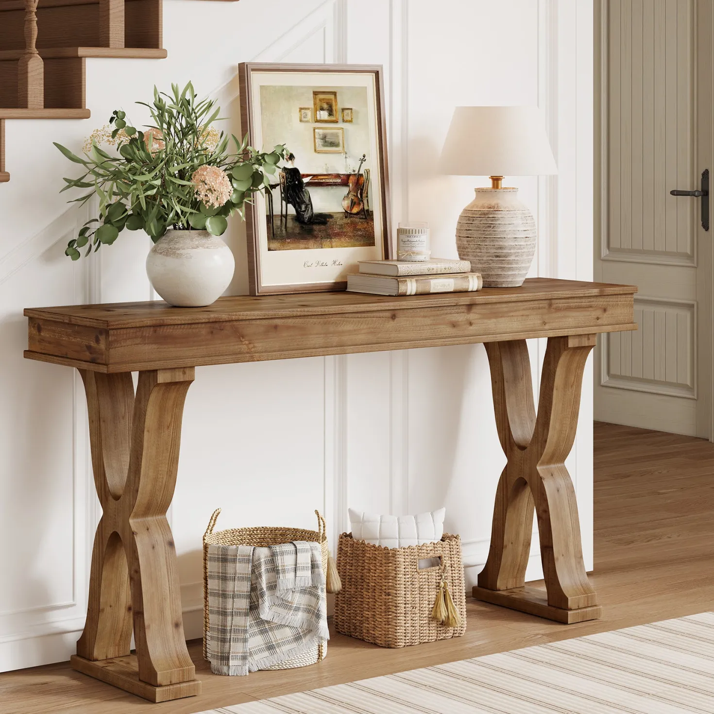 63" Console Table, Solid Wood Sofa Console Entryway Table with X-Shaped Legs