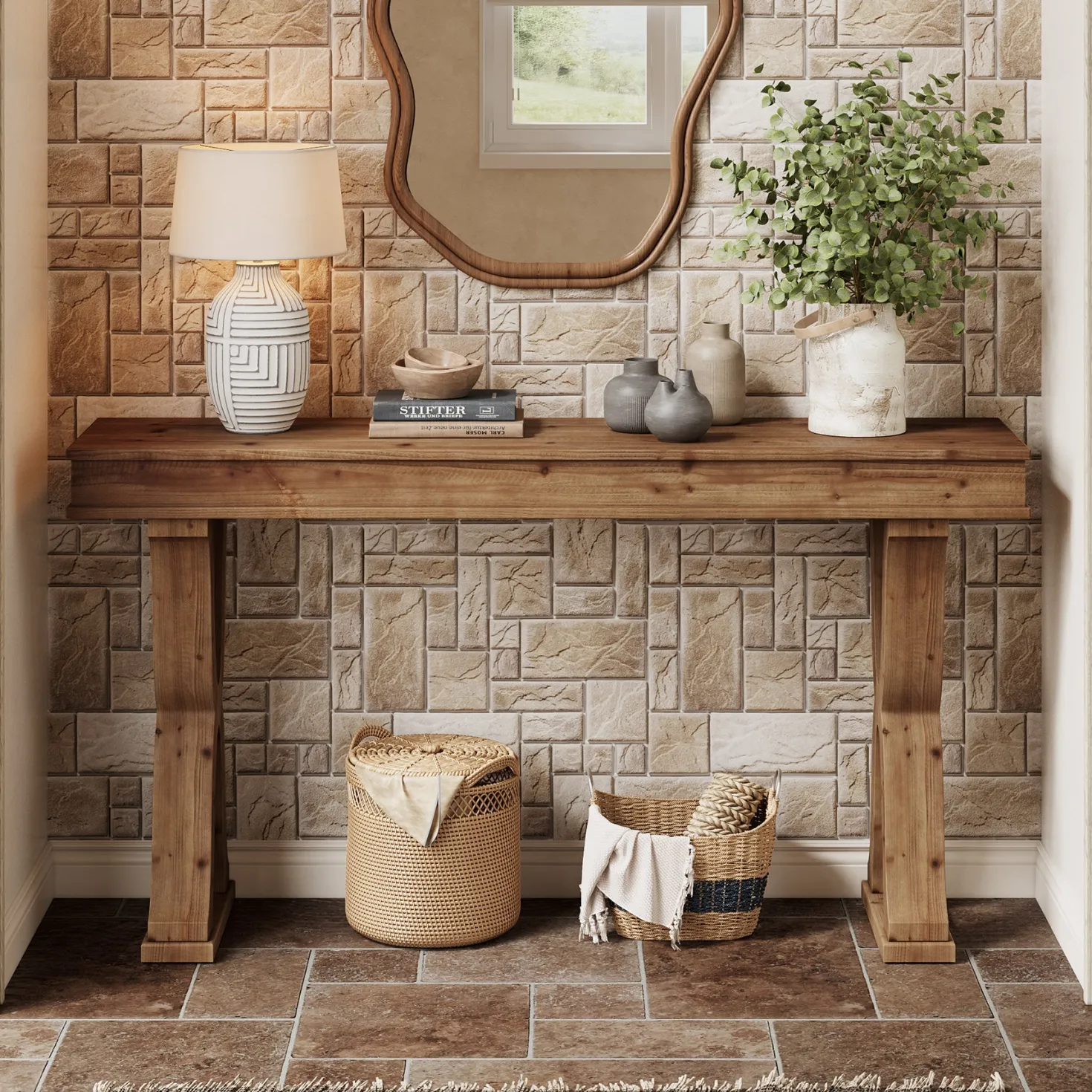 63" Console Table, Solid Wood Sofa Console Entryway Table with X-Shaped Legs