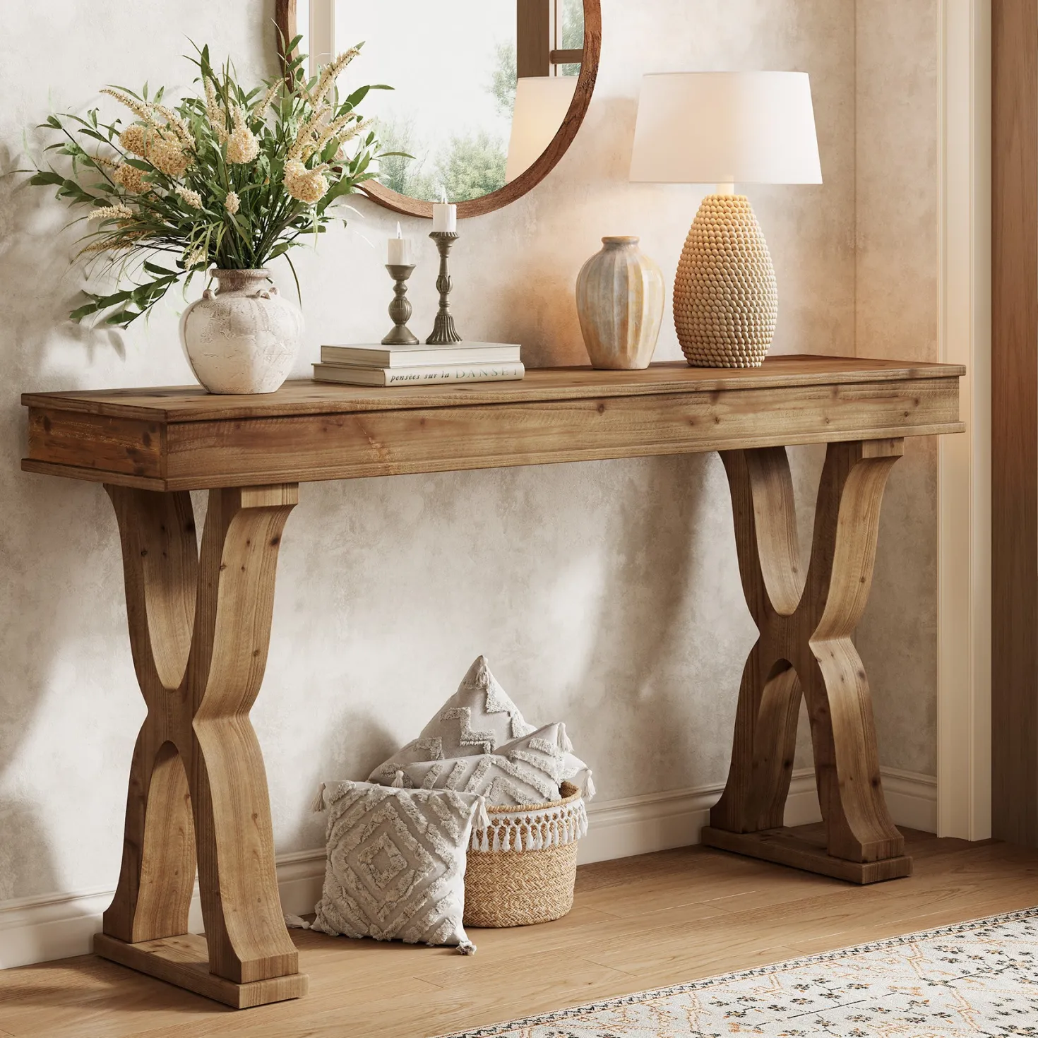 63" Console Table, Solid Wood Sofa Console Entryway Table with X-Shaped Legs
