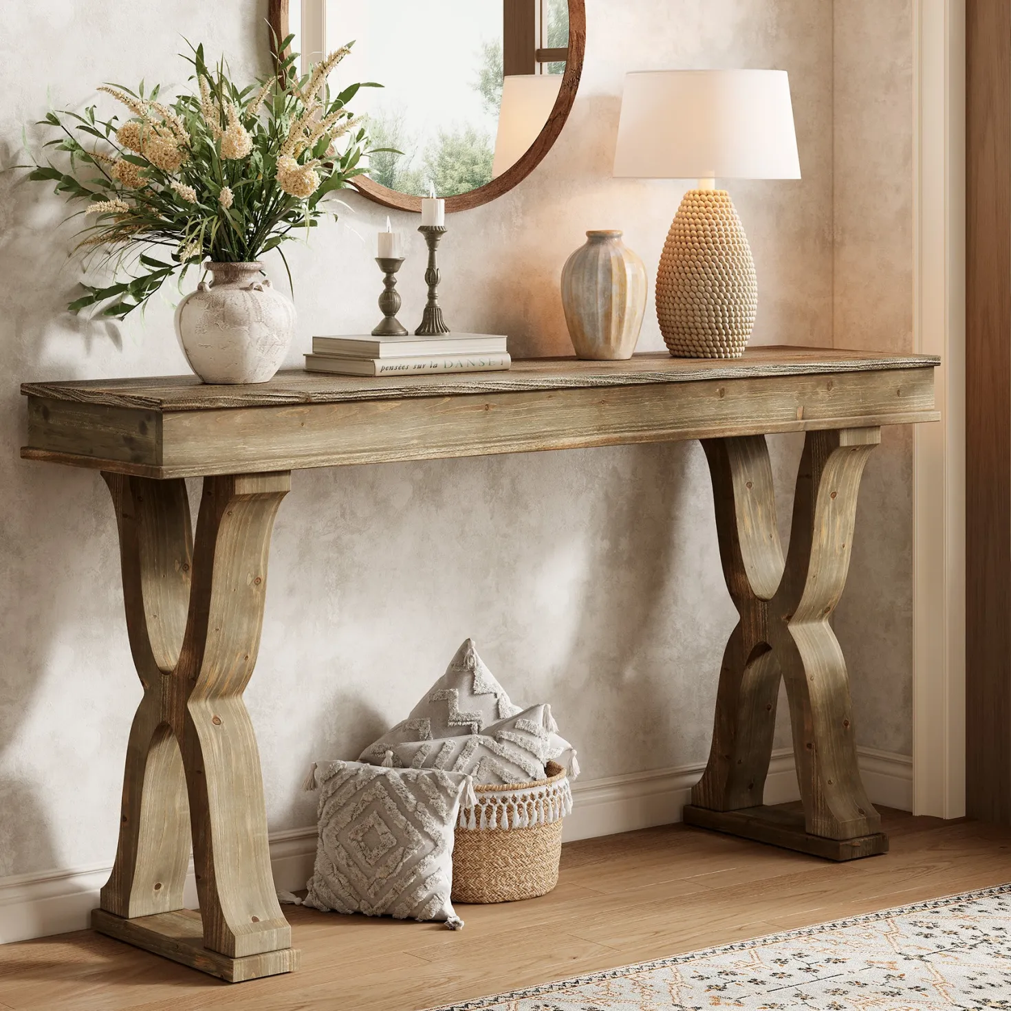 63" Console Table, Solid Wood Sofa Console Entryway Table with X-Shaped Legs