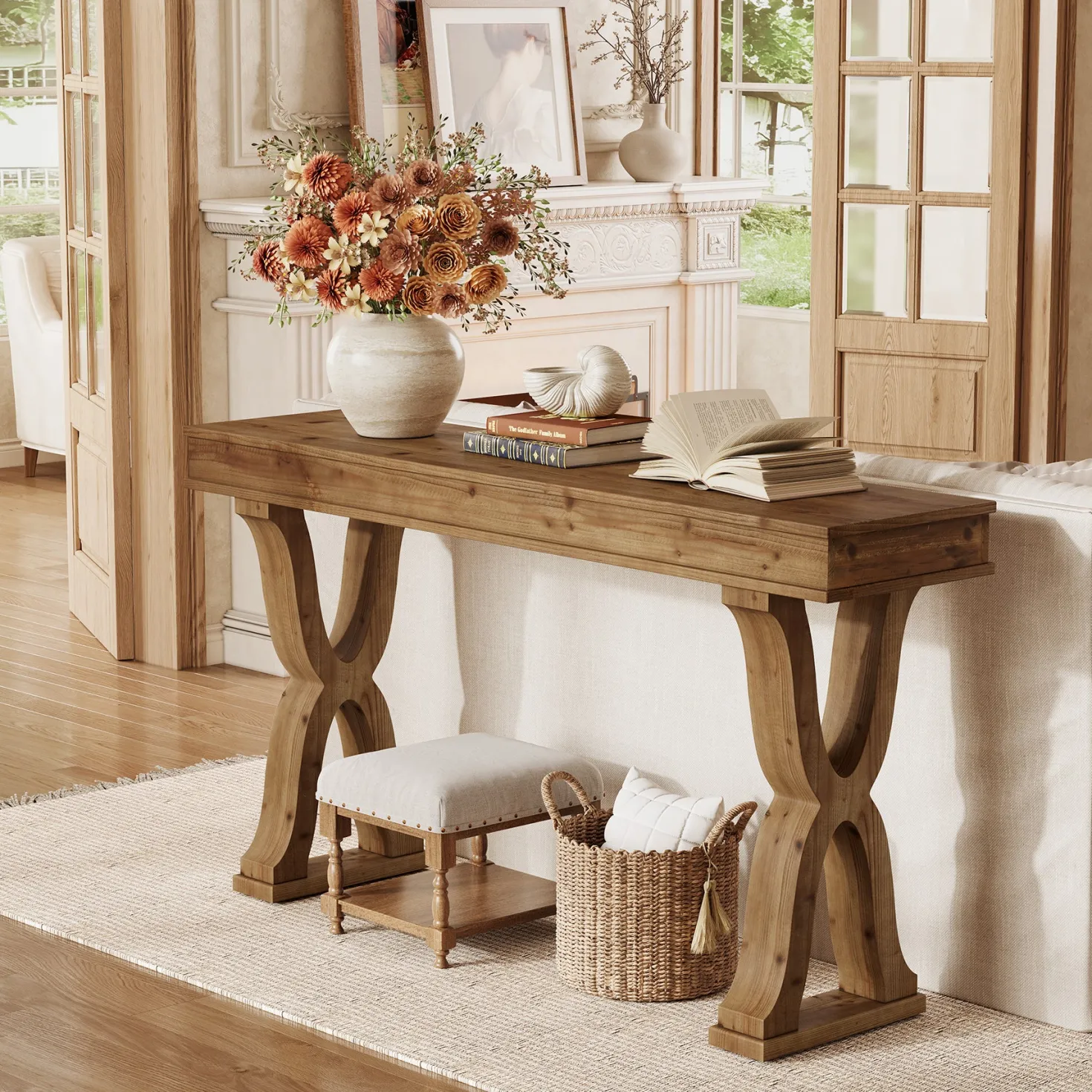 63" Console Table, Solid Wood Sofa Console Entryway Table with X-Shaped Legs