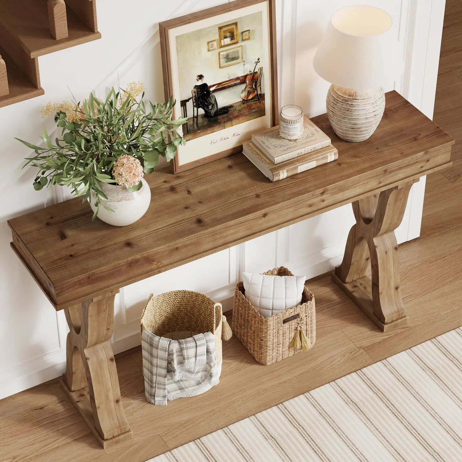 63" Console Table, Solid Wood Sofa Console Entryway Table with X-Shaped Legs