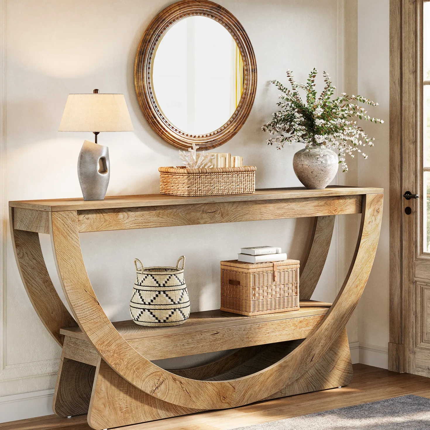 63" Console Table, 2-Tier Entryway Table with Storage Shelves & Arched Frame