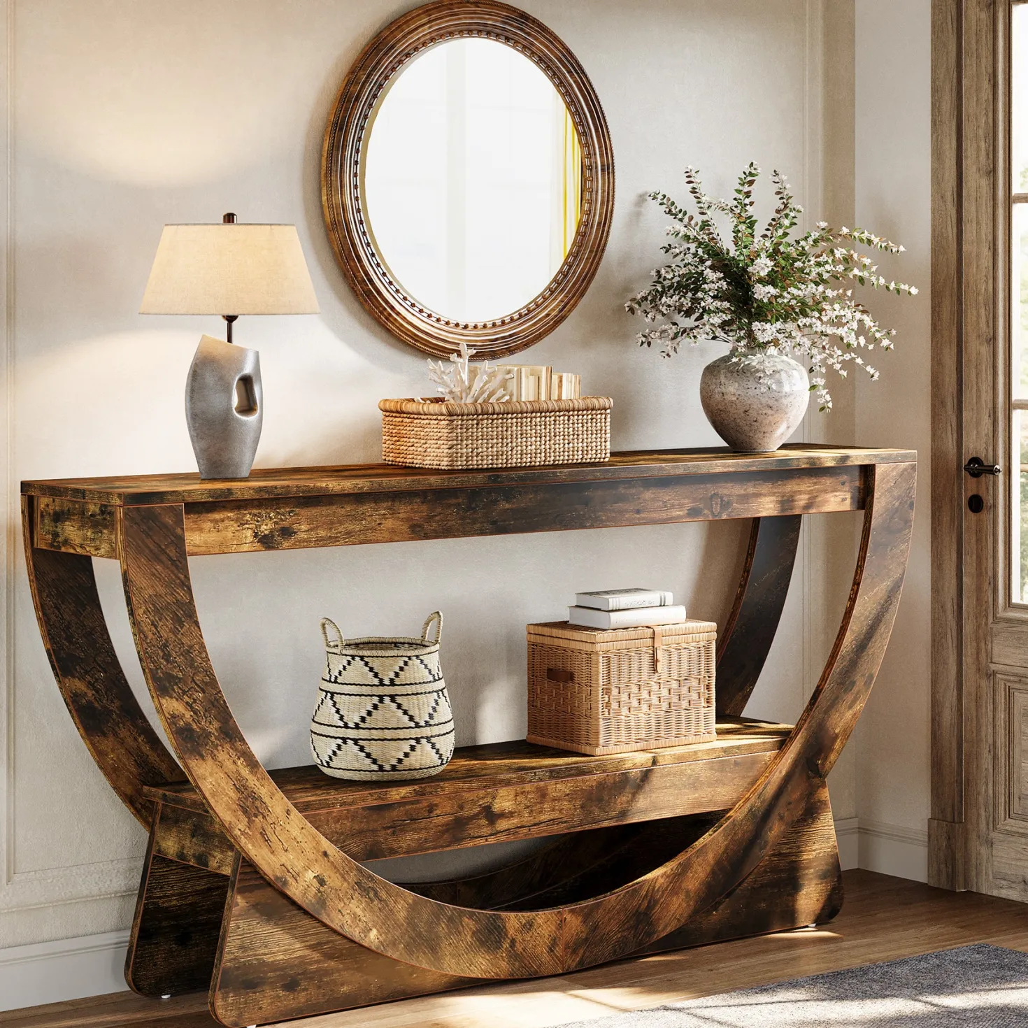 63" Console Table, 2-Tier Entryway Table with Storage Shelves & Arched Frame