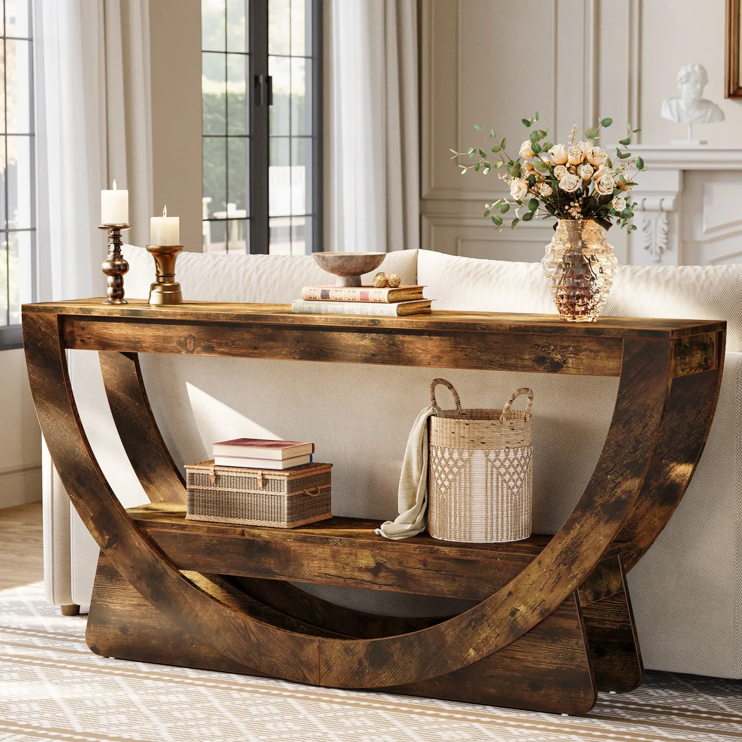 63" Console Table, 2-Tier Entryway Table with Storage Shelves & Arched Frame