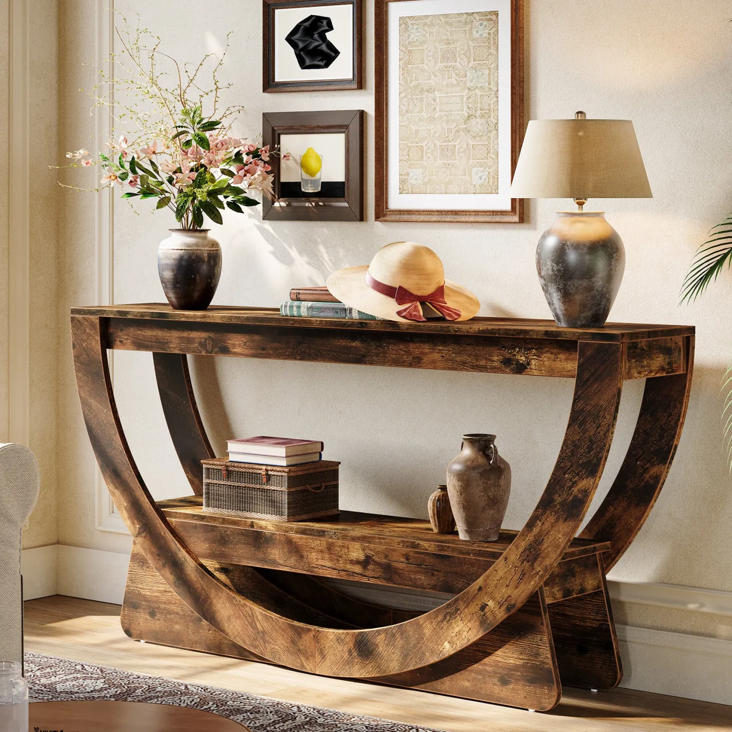 63" Console Table, 2-Tier Entryway Table with Storage Shelves & Arched Frame