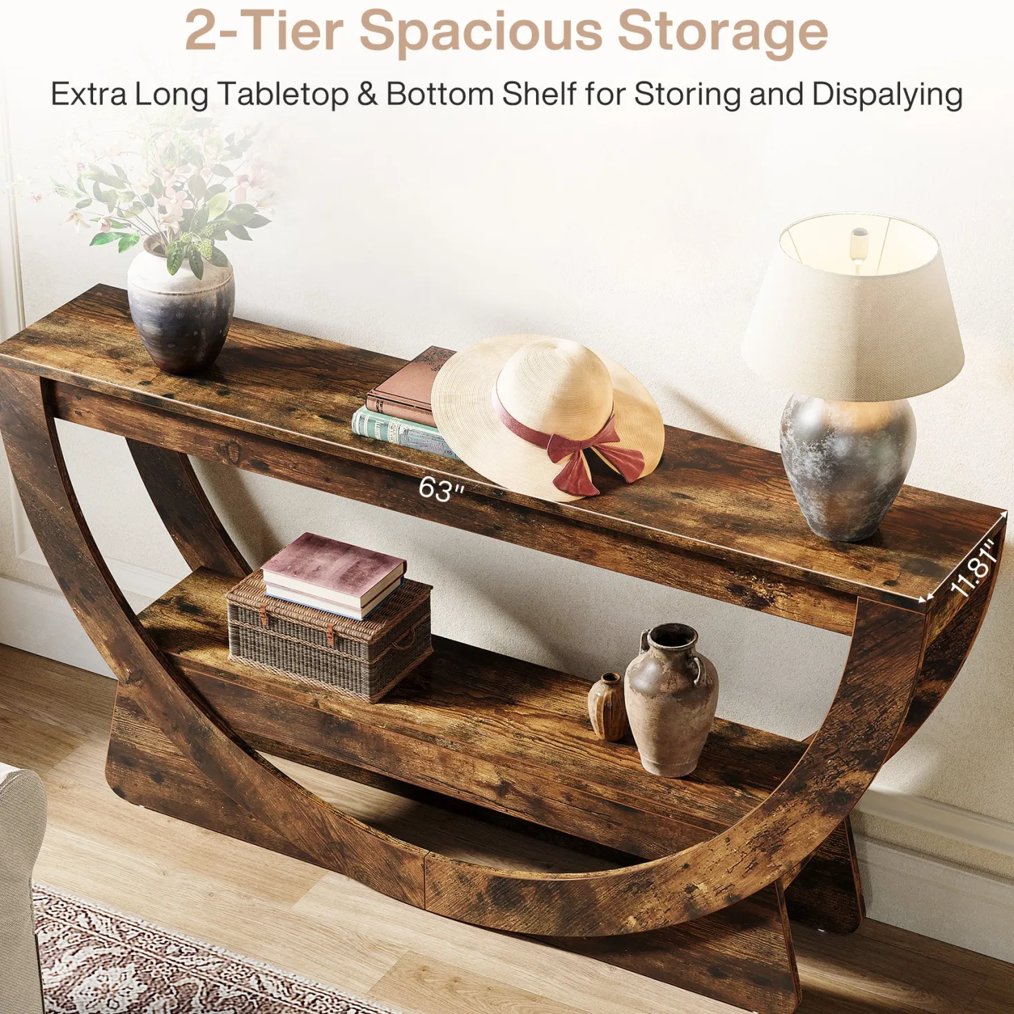 63" Console Table, 2-Tier Entryway Table with Storage Shelves & Arched Frame