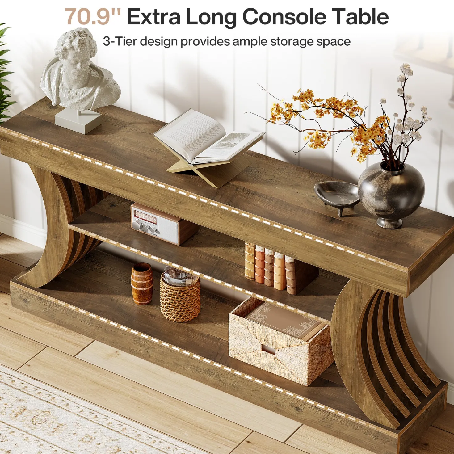 70.9" Console Table, 3-Tier Entryway Couch Table Behind Sofa