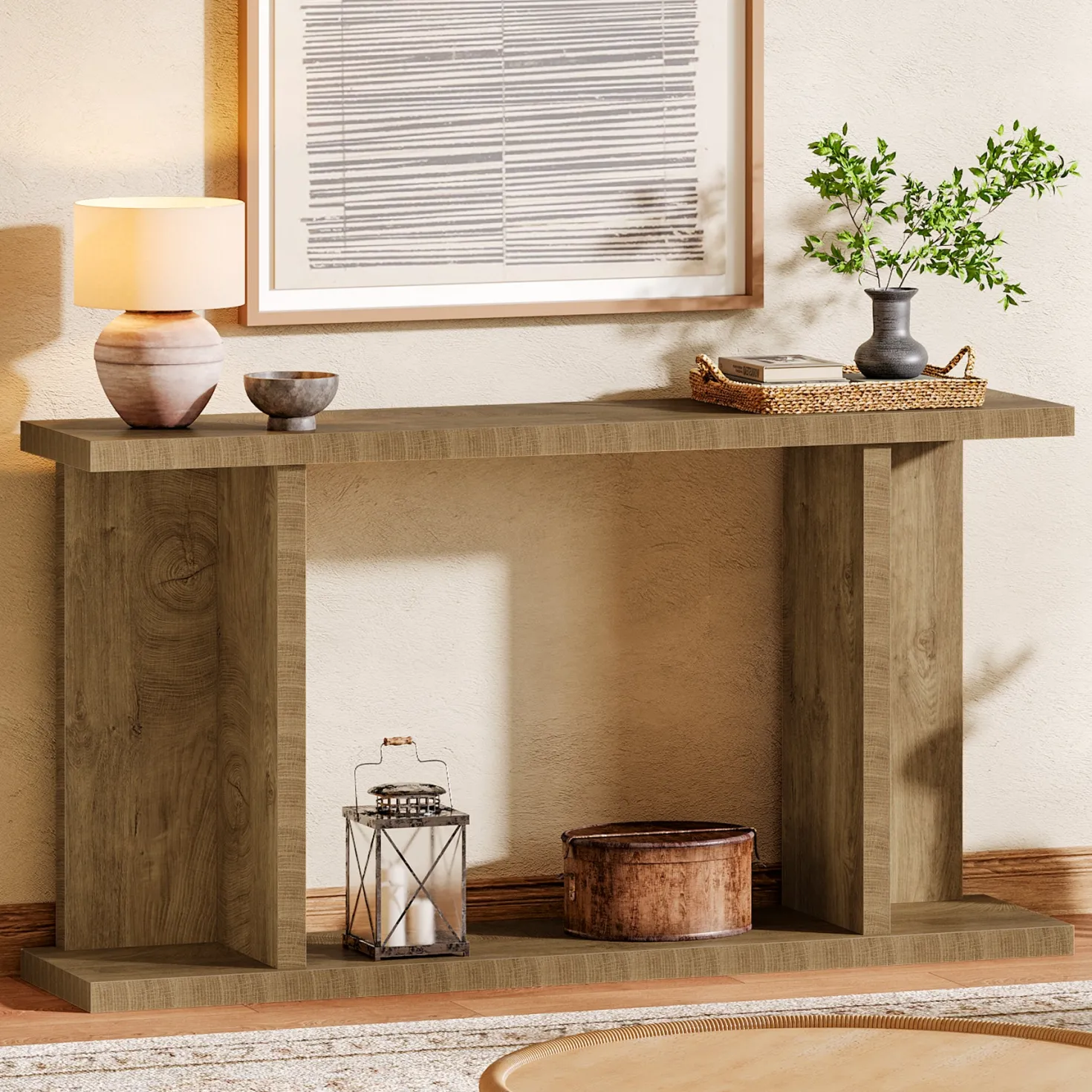 55" Console Table, 2-Tier Farmhouse Entryway Sofa Table Behind Couch