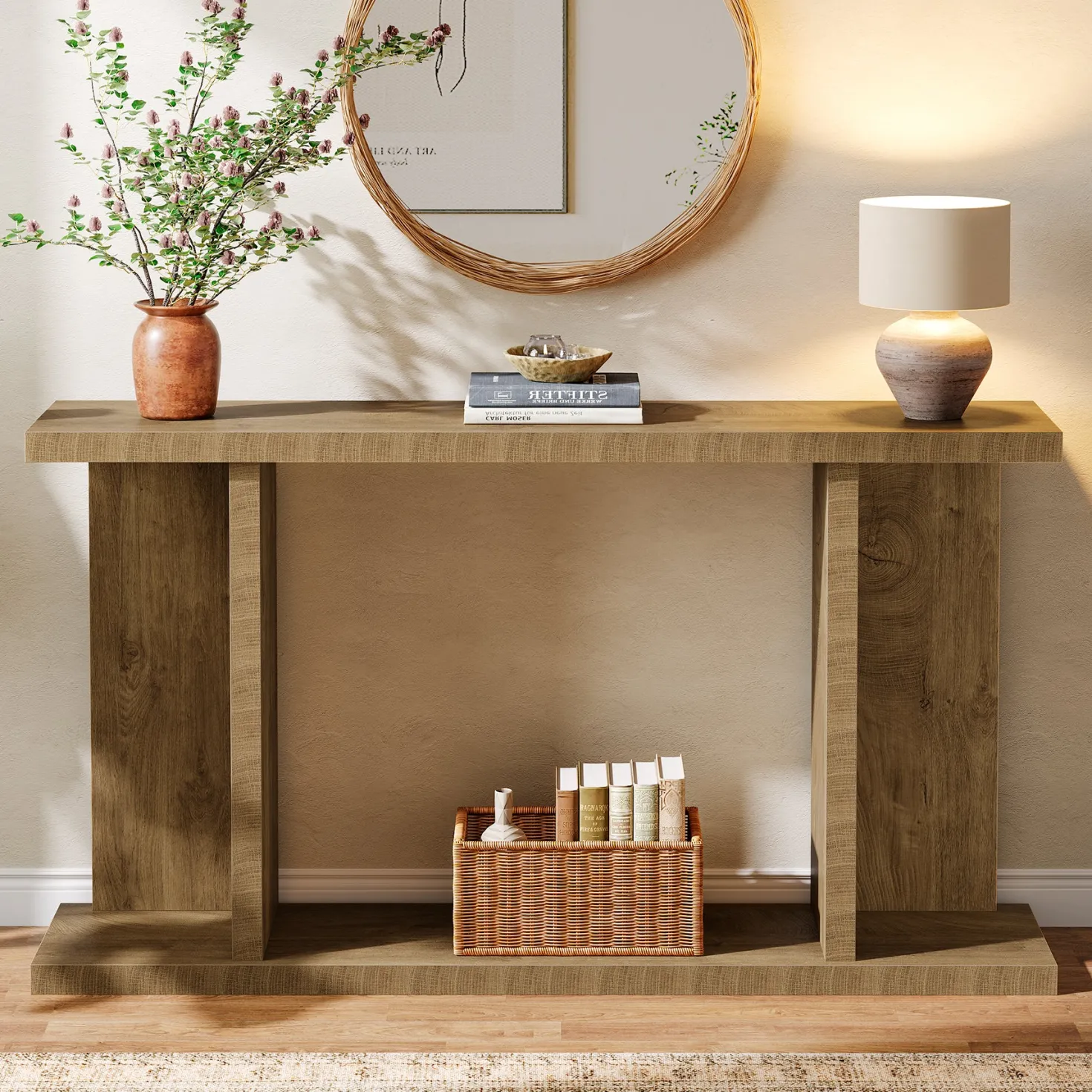 55" Console Table, 2-Tier Farmhouse Entryway Sofa Table Behind Couch