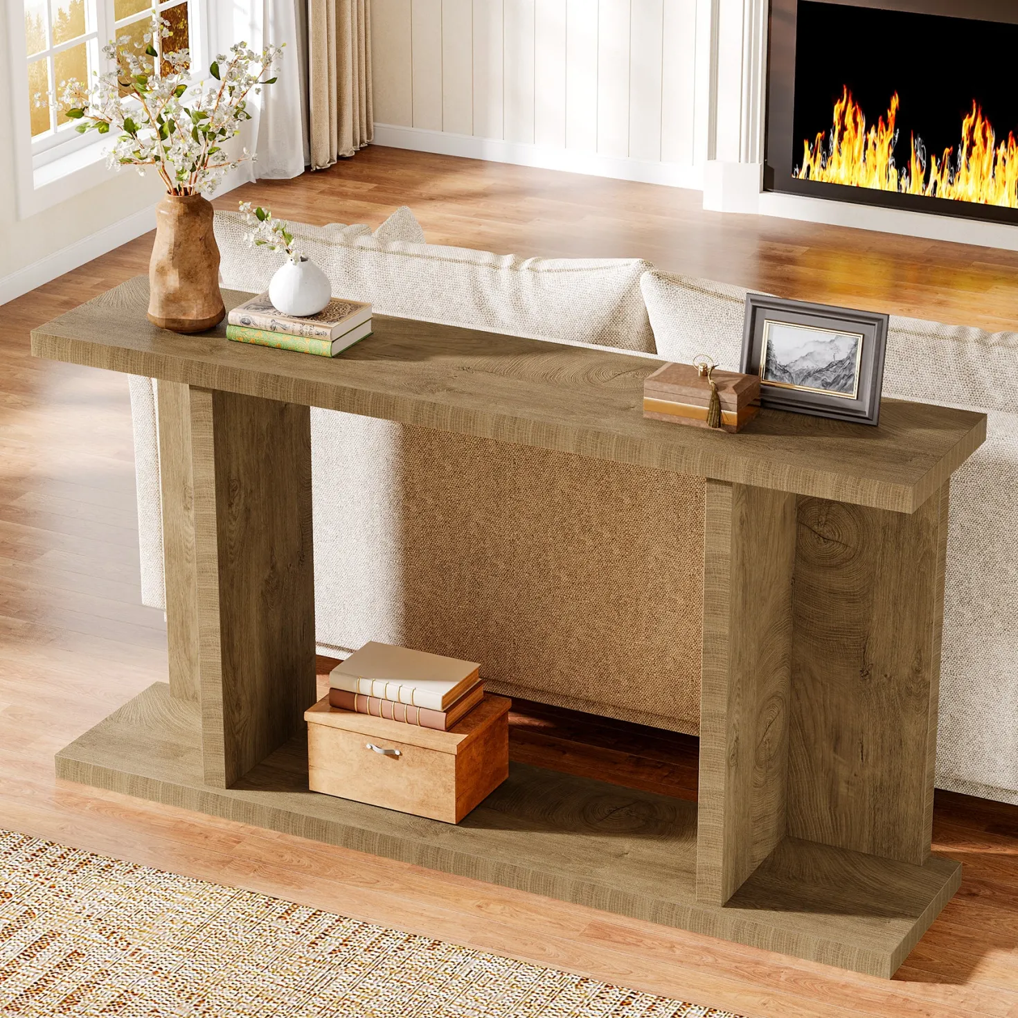 55" Console Table, 2-Tier Farmhouse Entryway Sofa Table Behind Couch