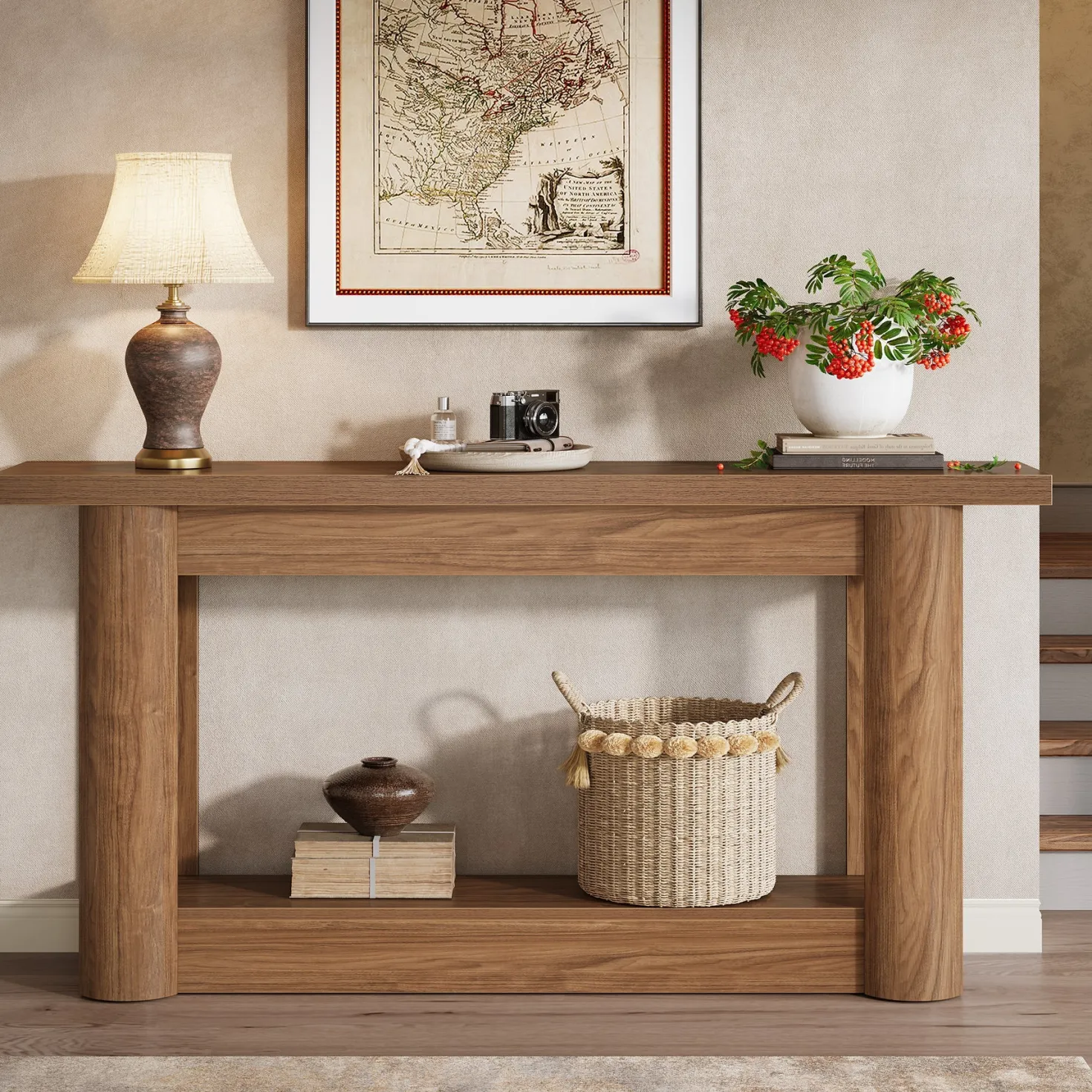 63" Console Table, 2-Tier Farmhouse Entryway Sofa Table