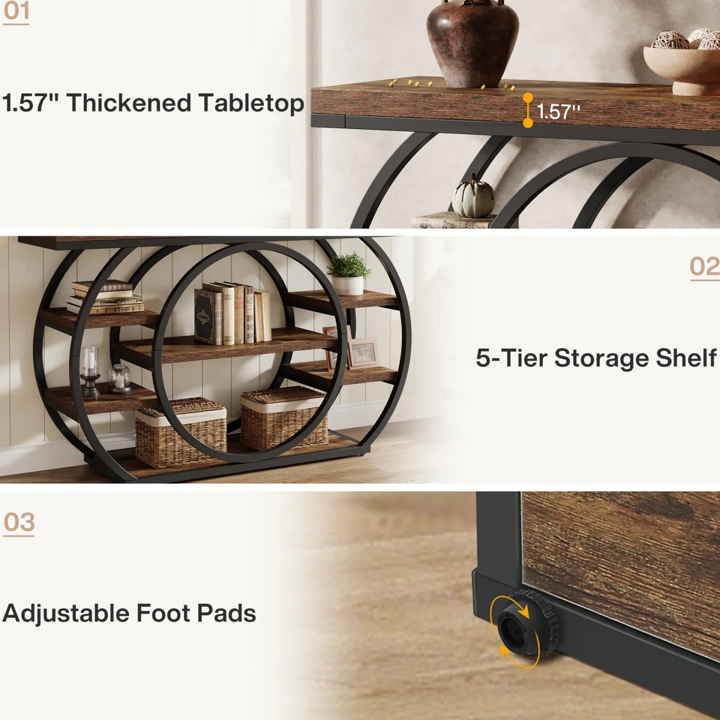 47.24" Console Table, 5-Tier Industrial Sofa Table with Metal Frame