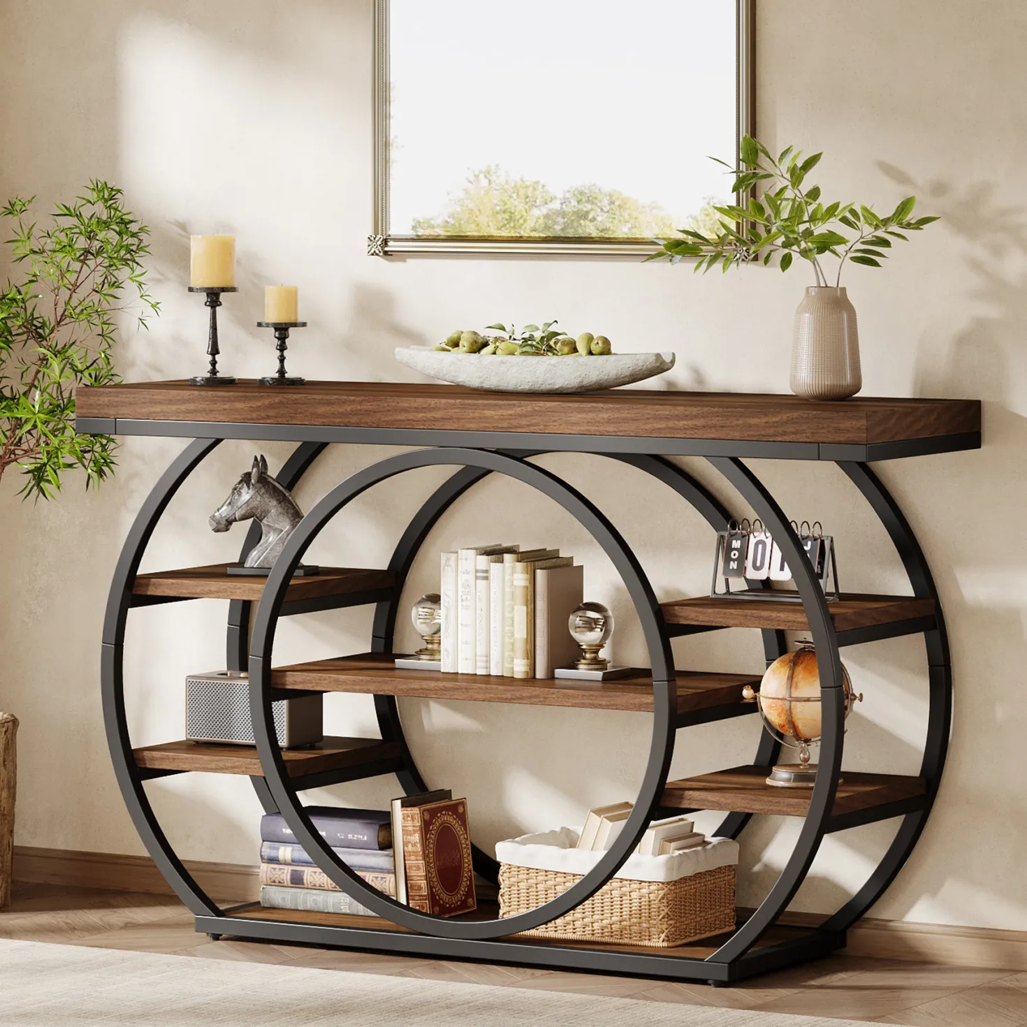 47.24" Console Table, 5-Tier Industrial Sofa Table with Metal Frame