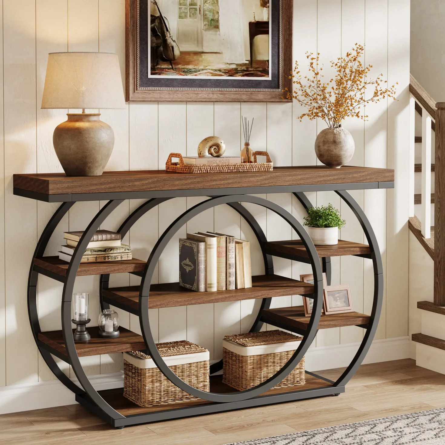 47.24" Console Table, 5-Tier Industrial Sofa Table with Metal Frame