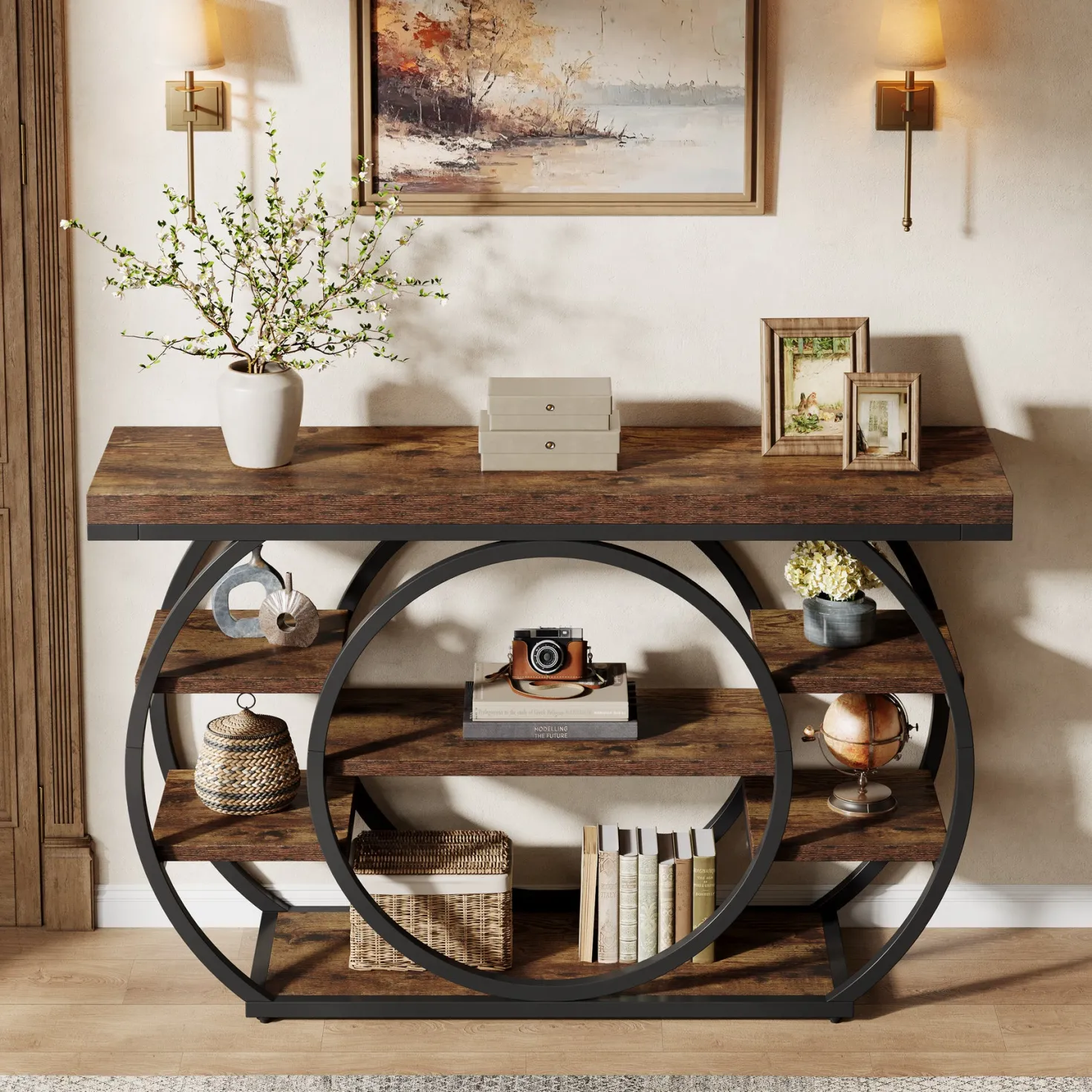 47.24" Console Table, 5-Tier Industrial Sofa Table with Metal Frame