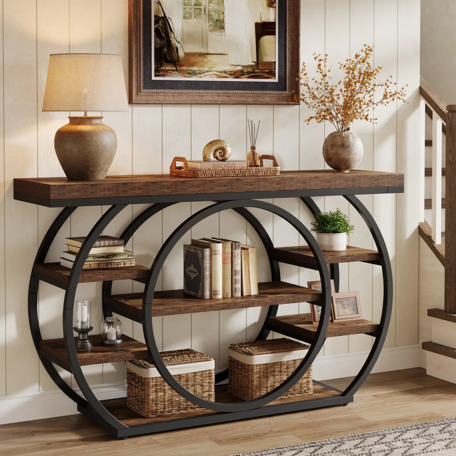 47.24" Console Table, 5-Tier Industrial Sofa Table with Metal Frame