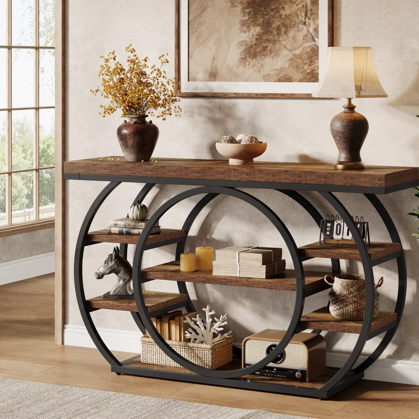47.24" Console Table, 5-Tier Industrial Sofa Table with Metal Frame
