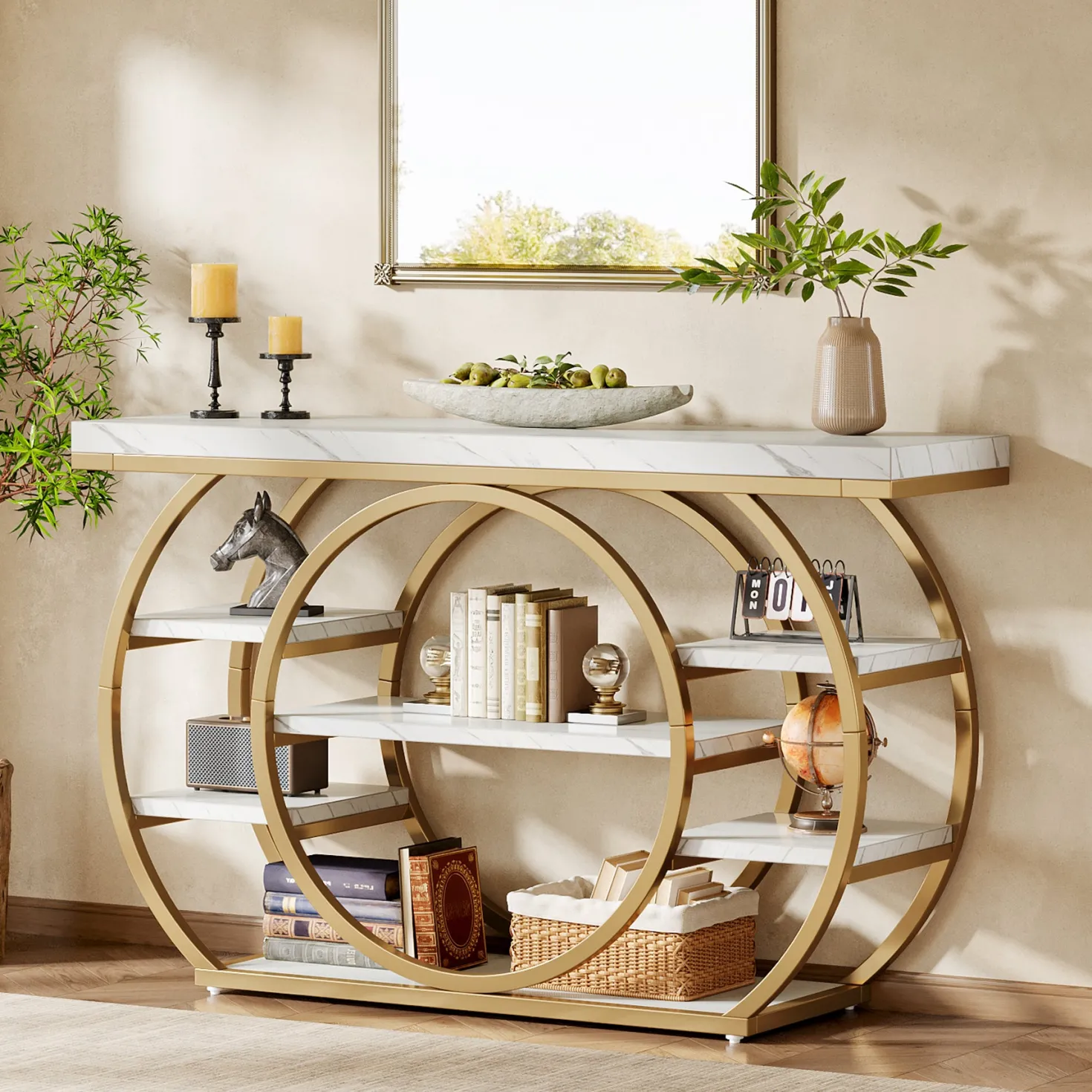 47.24" Console Table, 5-Tier Industrial Sofa Table with Metal Frame
