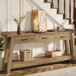 70.9" Console Table, 2-Tier Long Sofa Entryway Table with 3 Drawers and Raised Baffle