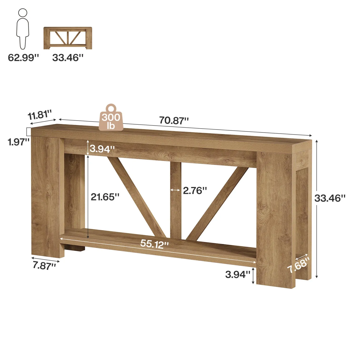 70.8" Console Table, 2-Tier Long Sofa Table Hallway Table