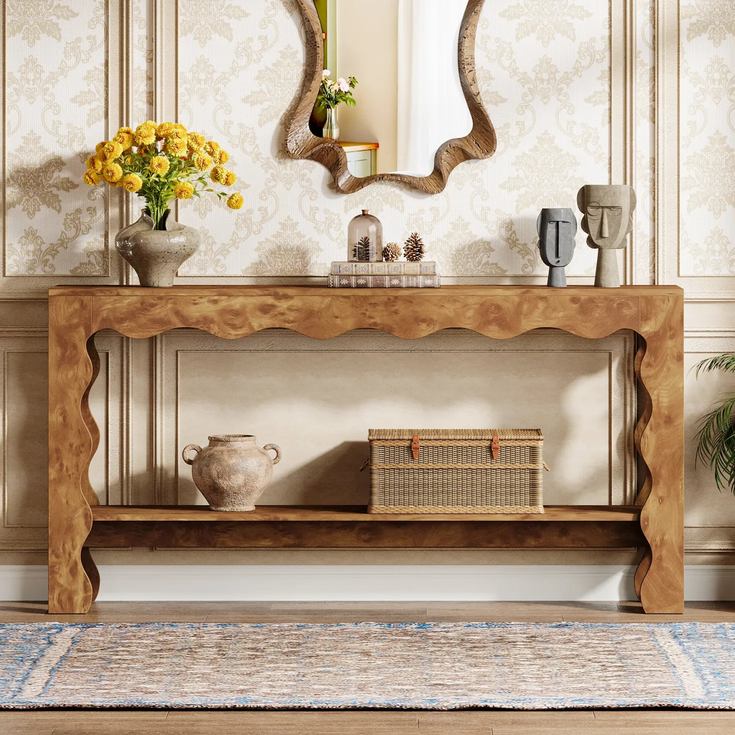 63" Console Table, 2-Tier Narrow Sofa Table with Storage and Scalloped Curves