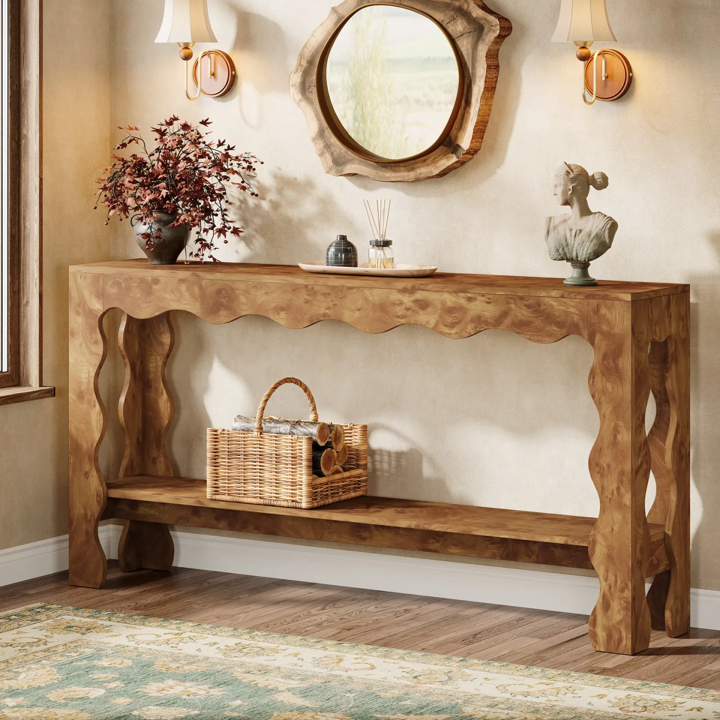 63" Console Table, 2-Tier Narrow Sofa Table with Storage and Scalloped Curves