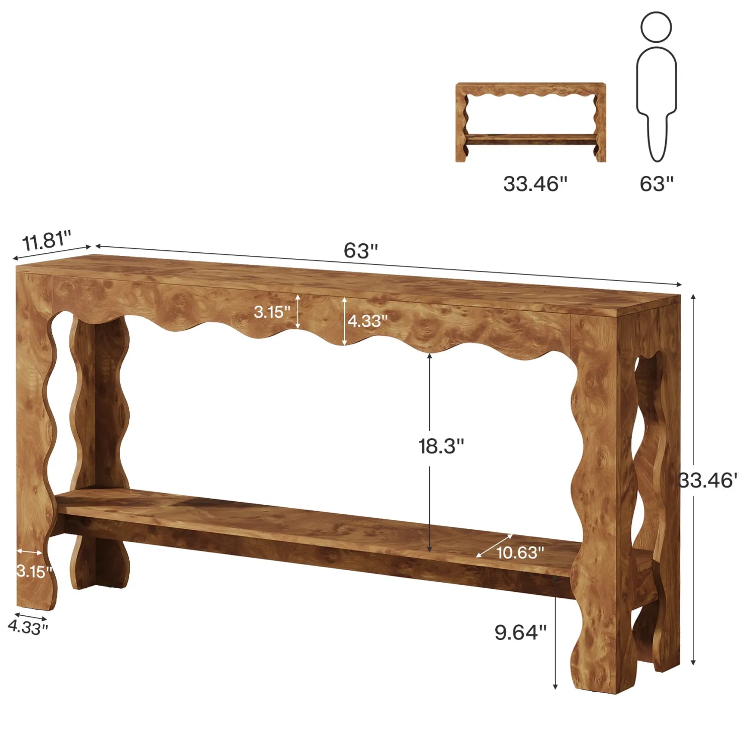 63" Console Table, 2-Tier Narrow Sofa Table with Storage and Scalloped Curves