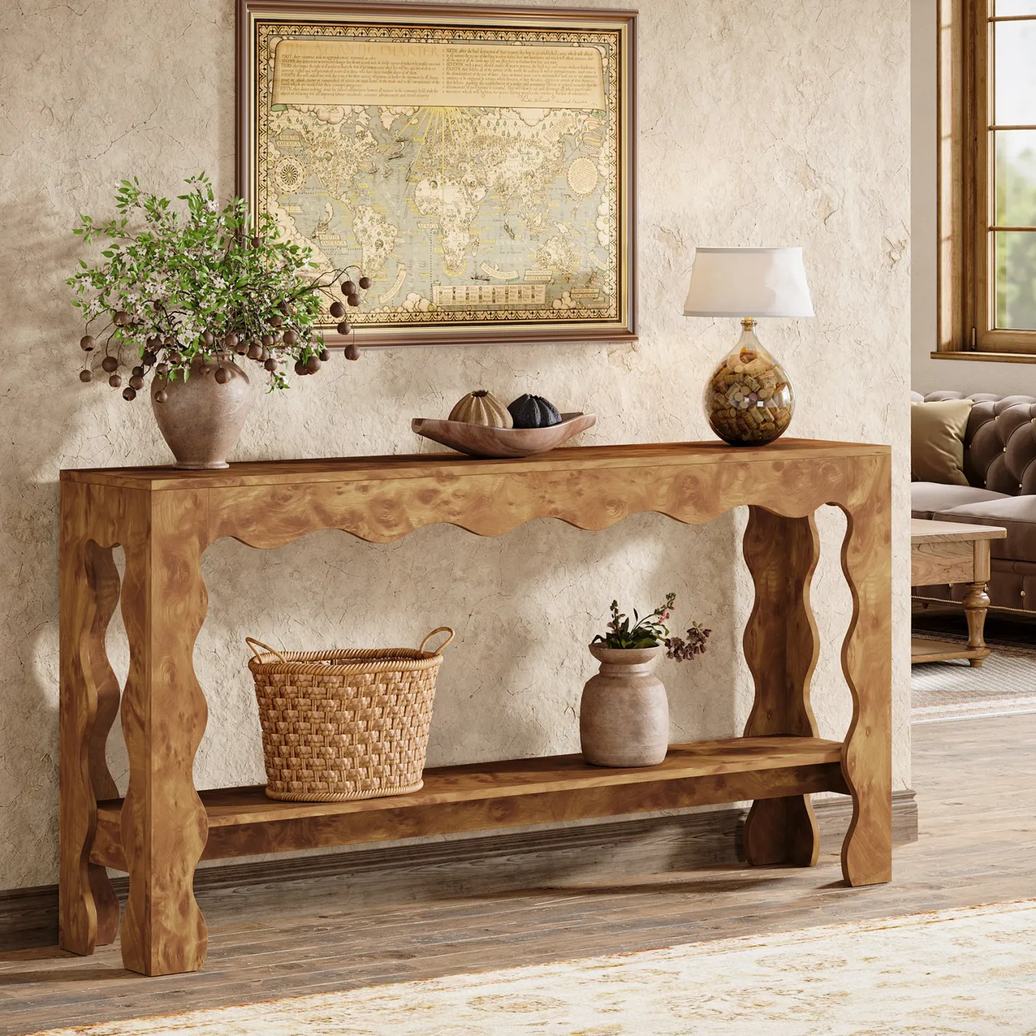 63" Console Table, 2-Tier Narrow Sofa Table with Storage and Scalloped Curves