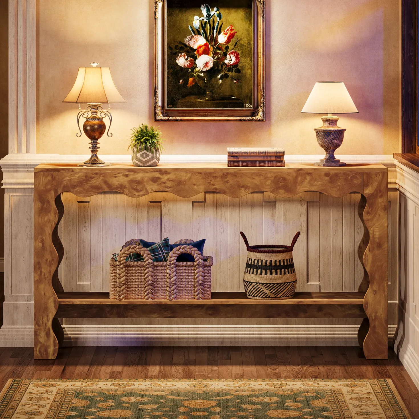 63" Console Table, 2-Tier Narrow Sofa Table with Storage and Scalloped Curves