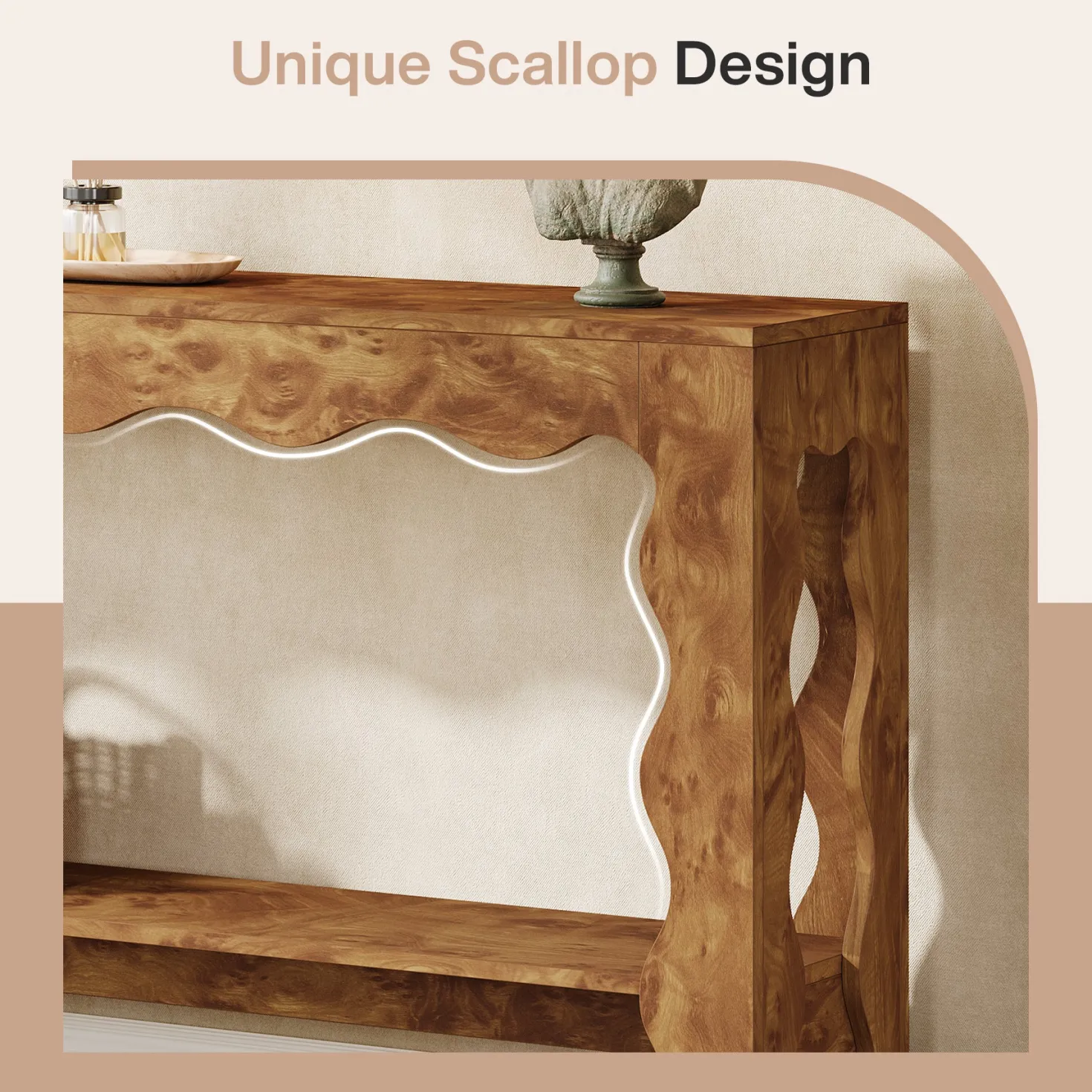 63" Console Table, 2-Tier Narrow Sofa Table with Storage and Scalloped Curves