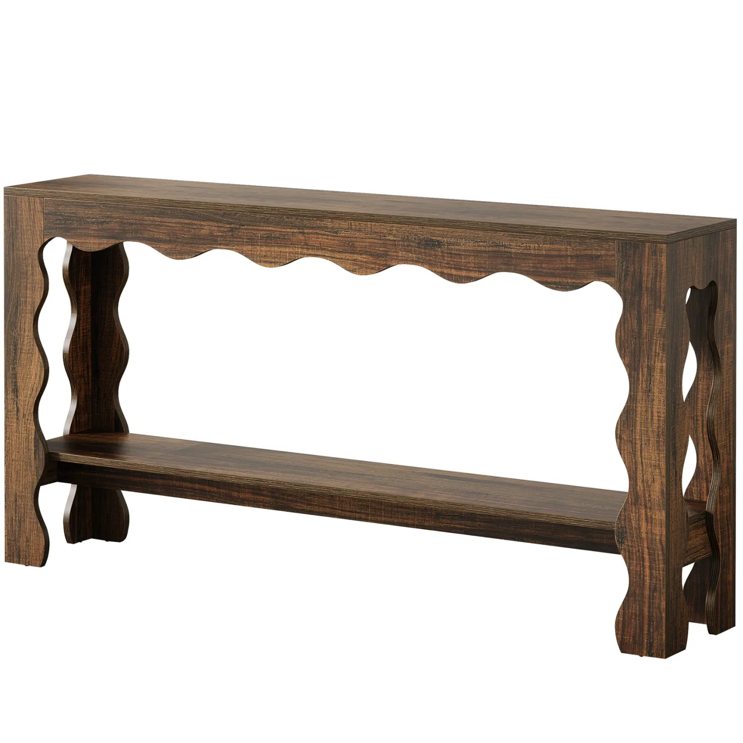 63" Console Table, 2-Tier Narrow Sofa Table with Storage and Scalloped Curves