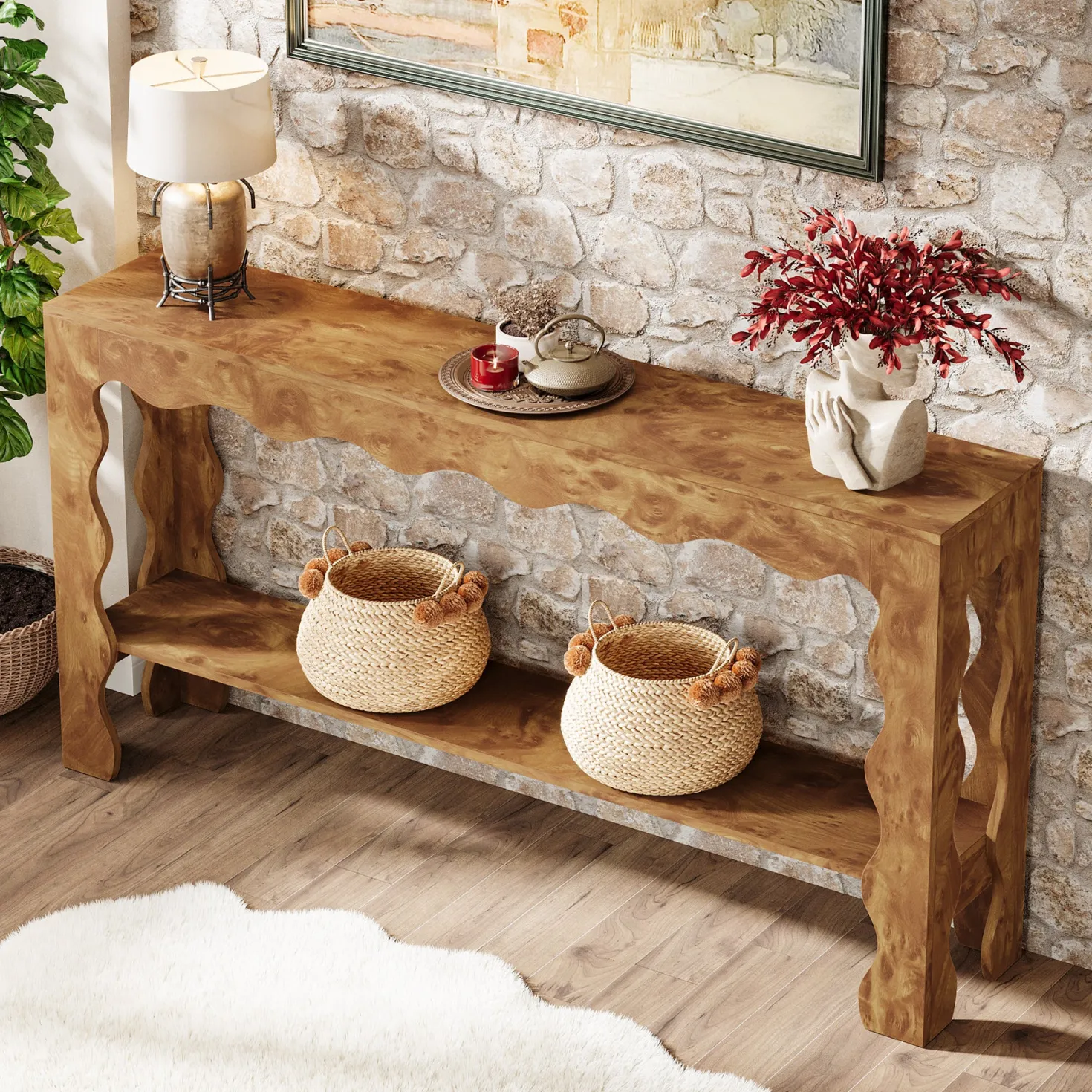 63" Console Table, 2-Tier Narrow Sofa Table with Storage and Scalloped Curves