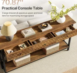 70.8" Console Table, 2-Tier Narrow Entryway Table Sofa Table with 3 Drawers